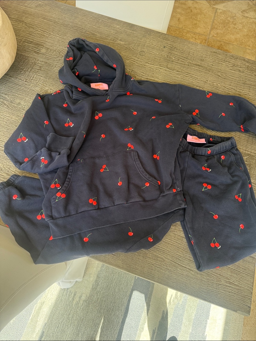 Cherry-Print Navy Track Joggers & Hoodie Set